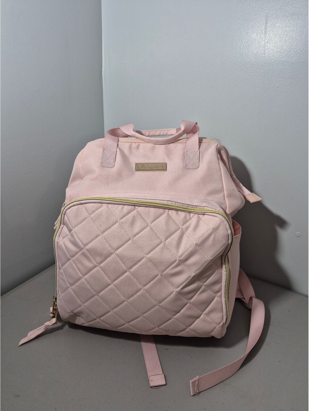 Baby Essentials Pink Diaper Bag Backpack Insulated Bottle Pockets Gold Tone